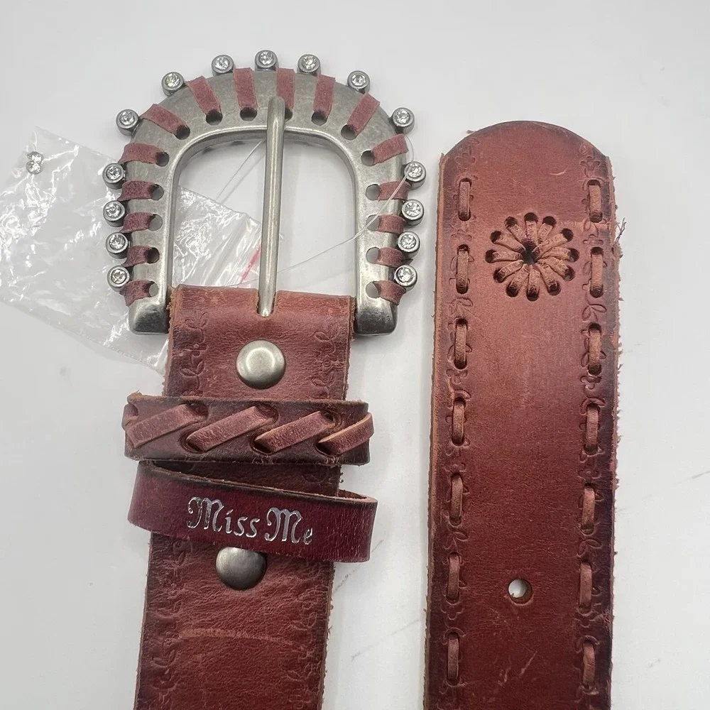 Miss Me Leather Floral Decor Stitching Belt Small Brown Rhinestones Bling Boho‎